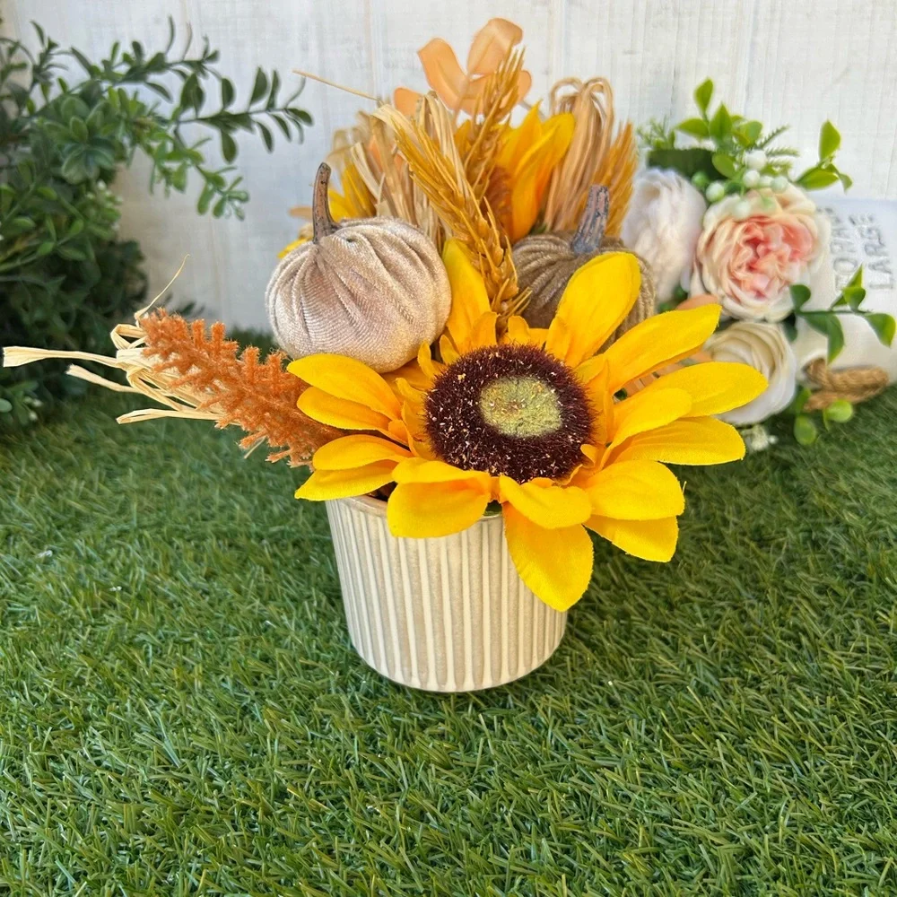 Sunflower and Pumpkin Centerpiece with ivory ceramic vase new